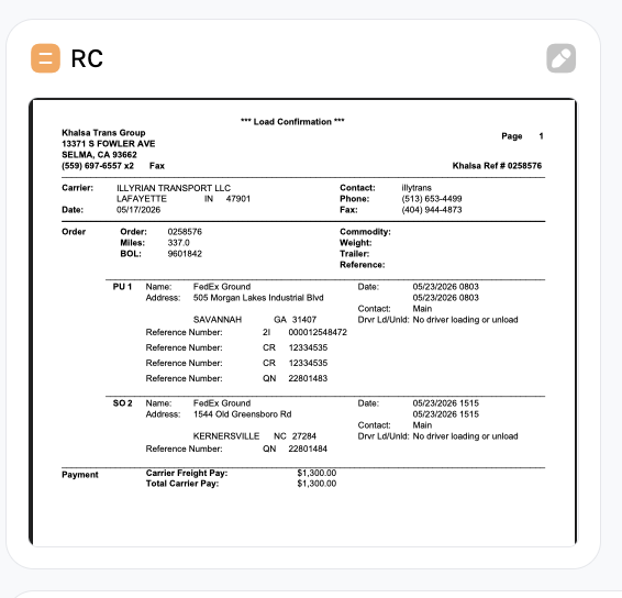 RC — Rate Confirmation