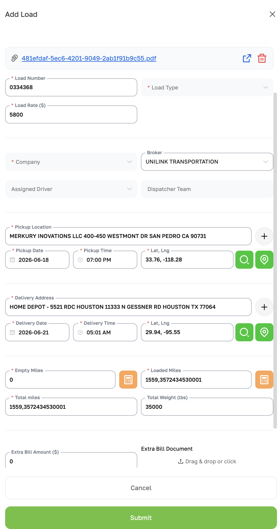 Add new load — AI extraction form