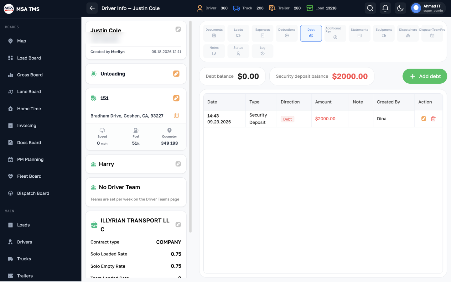 The Debt tab on Driver Info
