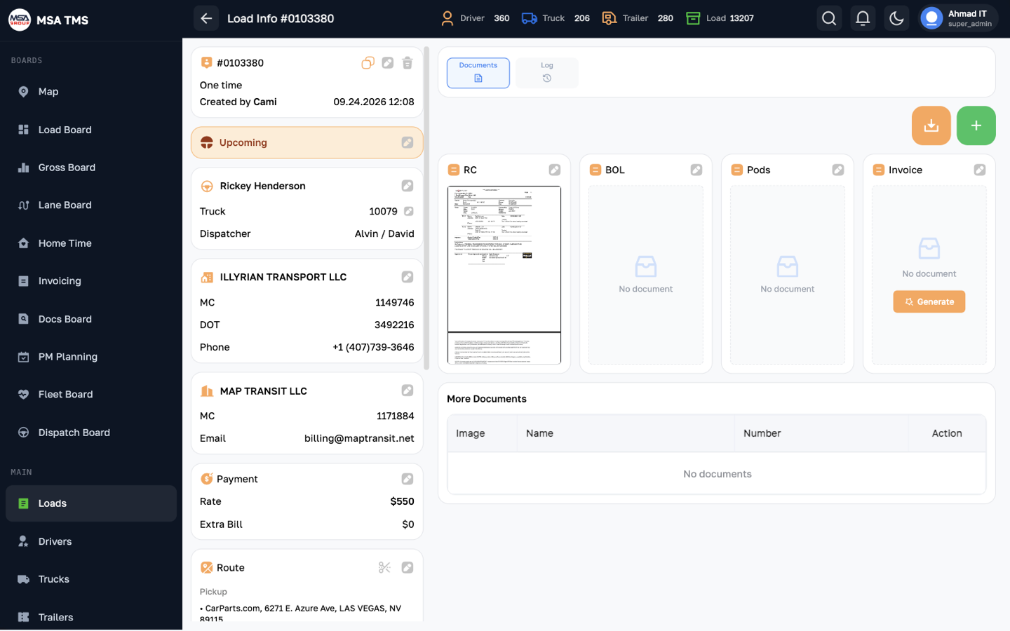 Load Info page