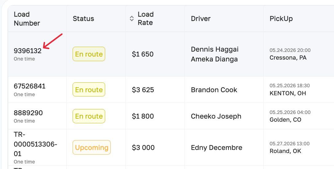 Load Board — load numbers