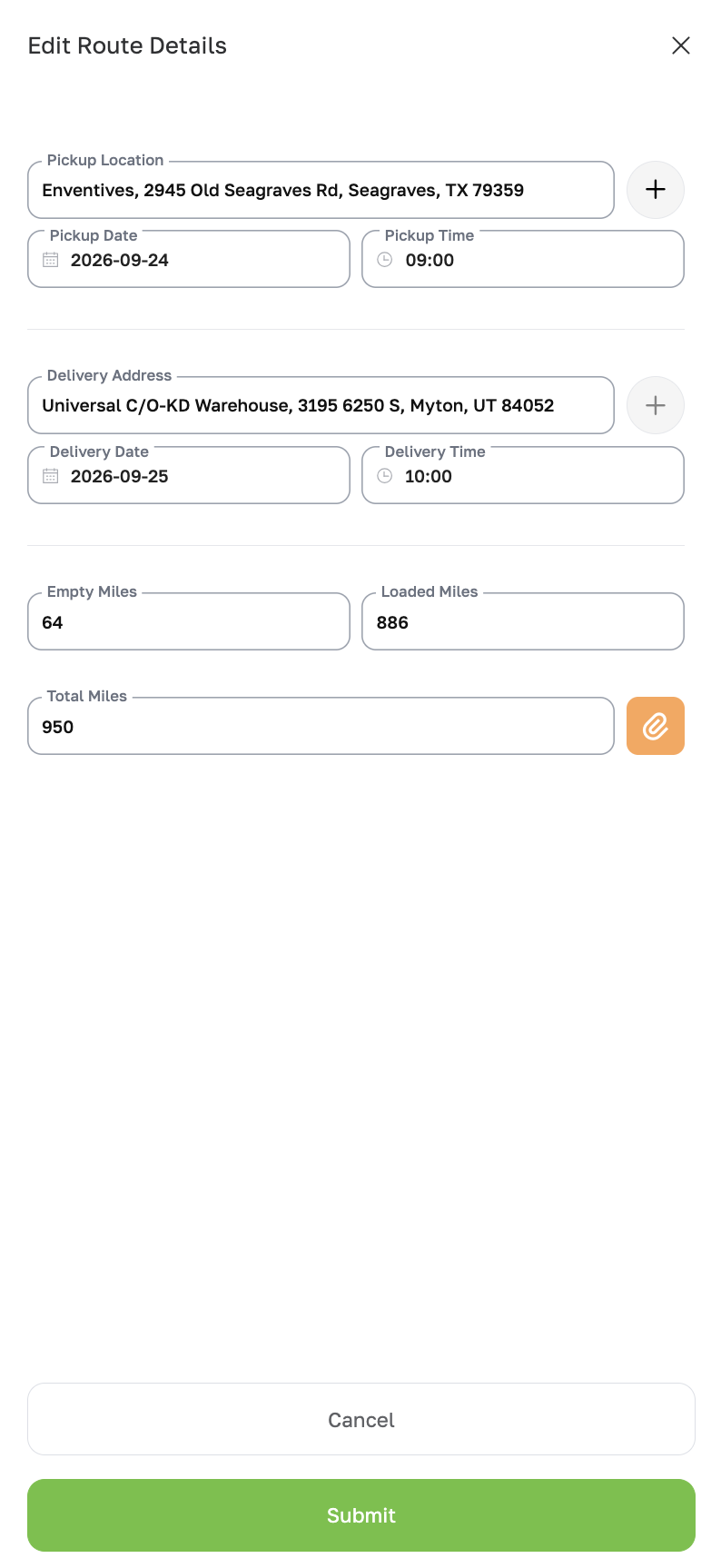 Edit Route Details drawer